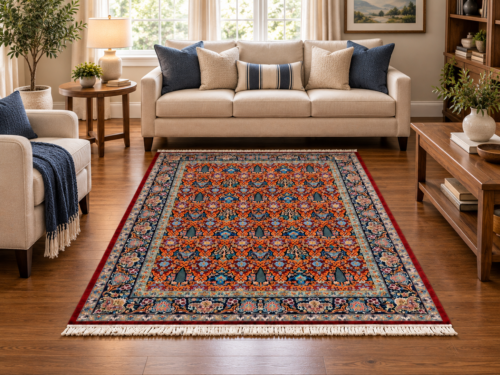فرش پشم ماشینی گوشت‌دار ۷۰۰ شانه طرح افشان گل‌وبوته لاکی سایز دلخواه – کد 75934