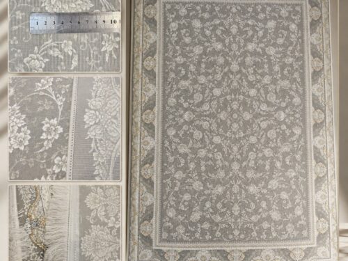 فرش ماشینی تندیس ماندگار ۱۲۰۰ شانه تراکم ۳۶۰۰ طرح افشان طوسی کرم ۶ متری – کد 80501