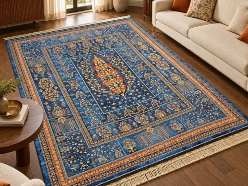 فرش ماشینی دیبا طرح درخت زندگی رنگ آبی اندازه دلخواه - کد 81916