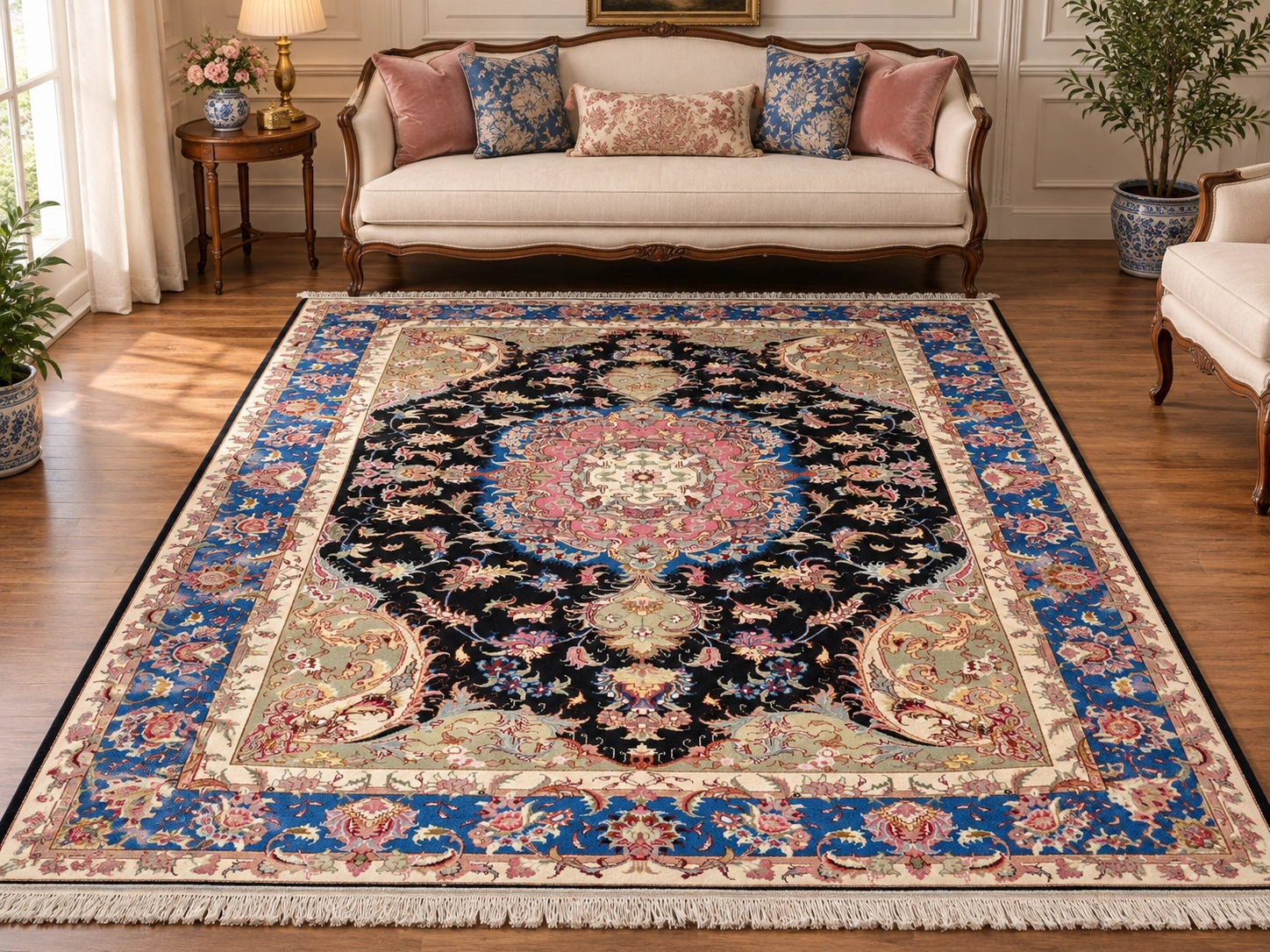 carpet-P002-blue-pink-4x3 فرش دستبافت 6 متری سالاری ۳۰ رج تبریز - کد 81831