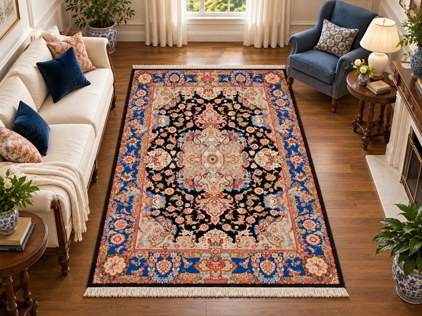 carpet-blue-border-P002 فرش دستبافت 6 متری طرح سالاری تبریز ۳۰ رج - کد 81847